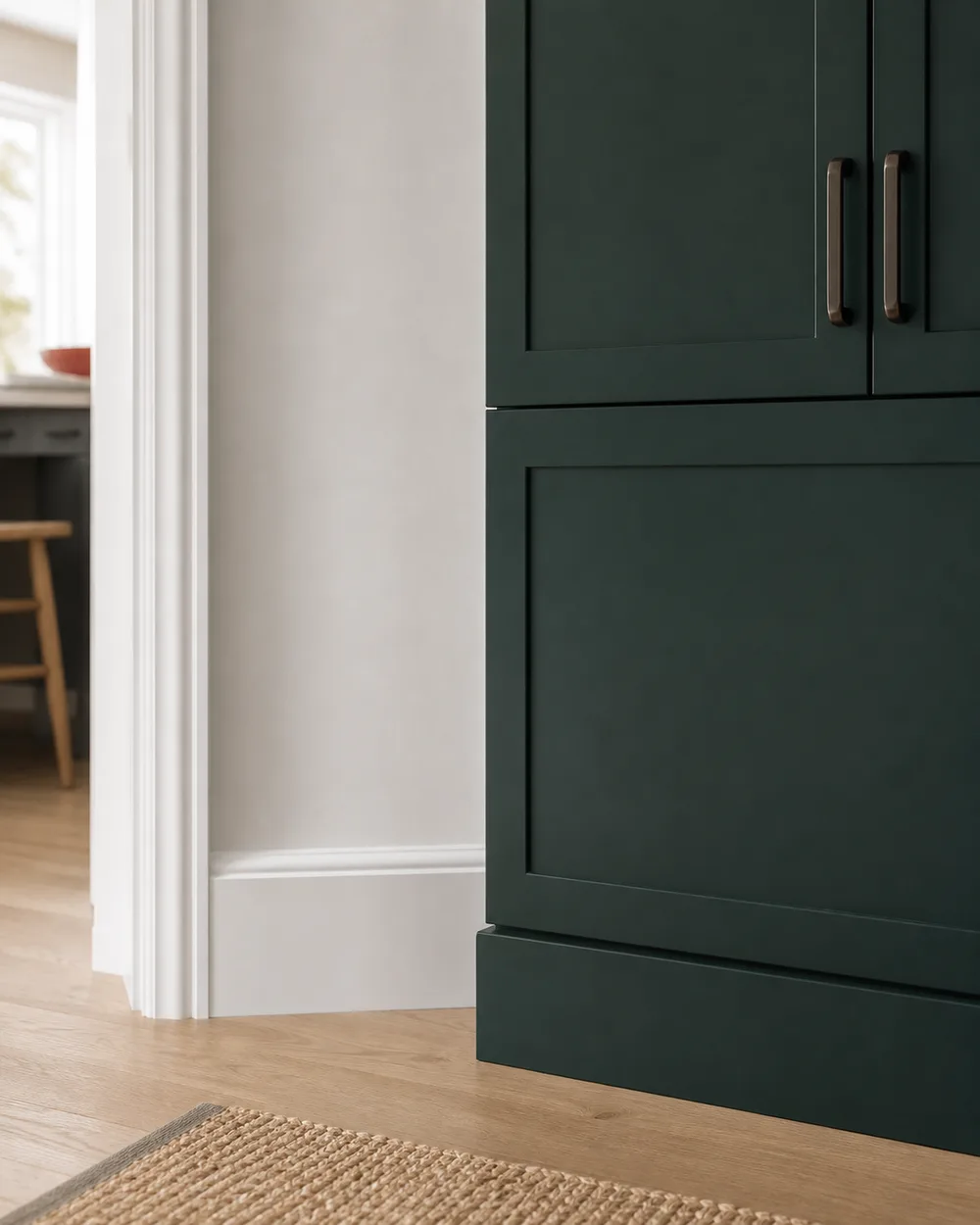 A deep spruce-green painted built-in with crisp white trim and pale oak flooring.